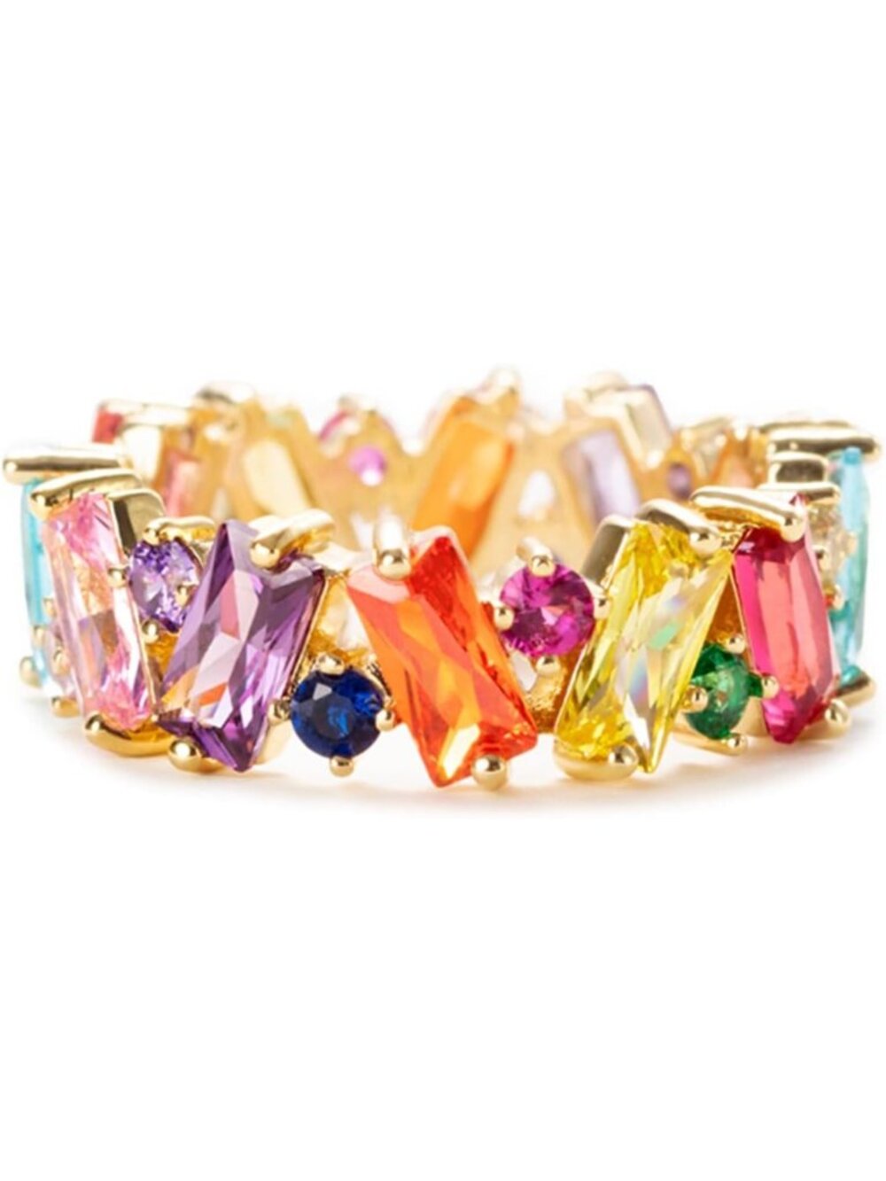 Colorful Rainbow Baguette Ring, Emerald Cut Eternity Band, Women's Cocktail